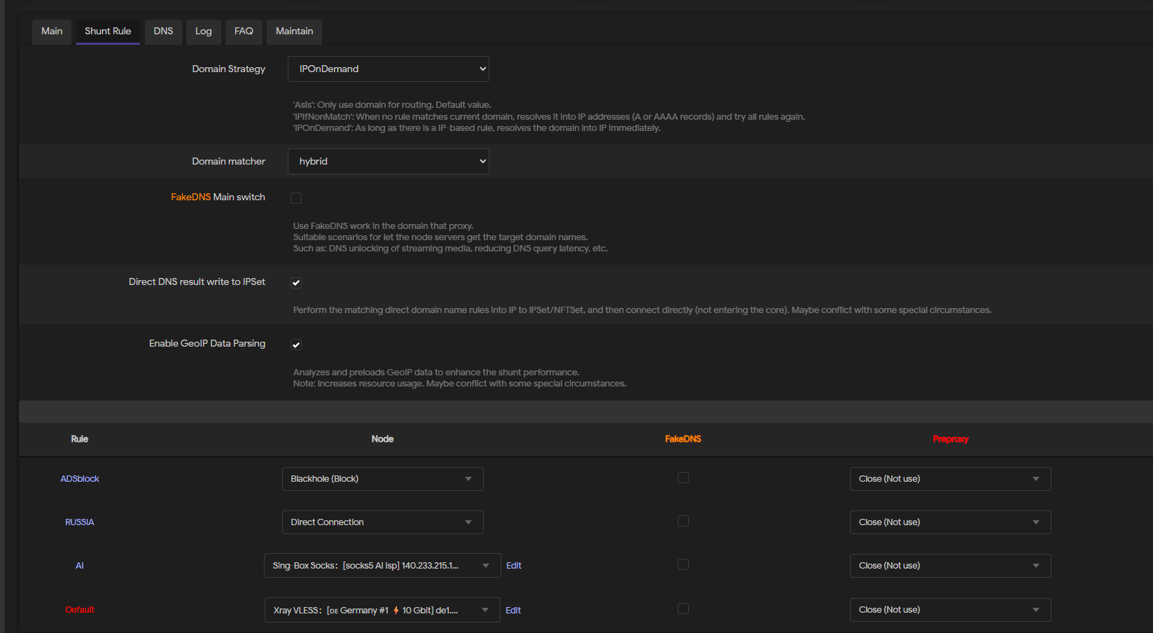 Passwall 2 Shunt Rule settings